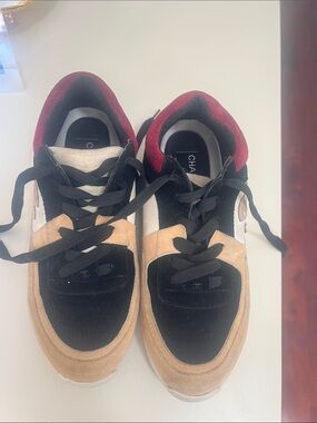 CHANEL Black, Beige & Burgundy Suede Leather Sneakers